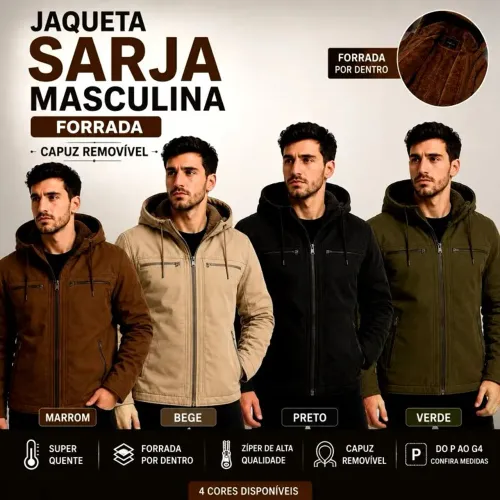 Jaqueta masculina sarja casaco com capuz e bolsos forrados.