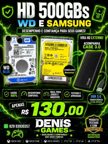 Hd 500gbs externo case 3.0 seu ps4 e ps5 e xbox one s e séries