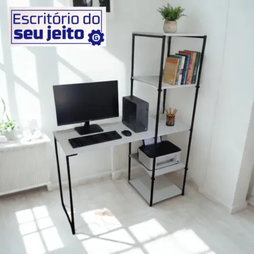 Mesa de Escritório Industrial NOVA Multiuso com Estante para Computador Notebook de Estudo