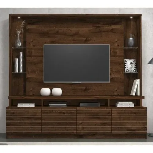 Painel Home Theater com iluminação e prateleiras de vidro