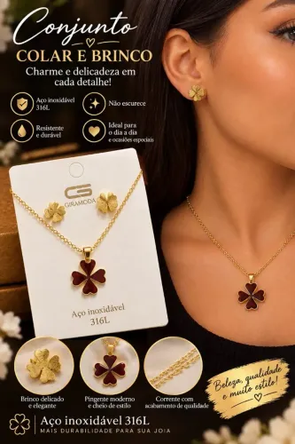 Conjunto colar e brinco trevo dourado aço inoxidável