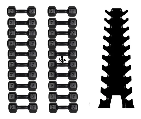 Torre de halter emborrachado sextavado 1 a 10kg + expositor de halteres 