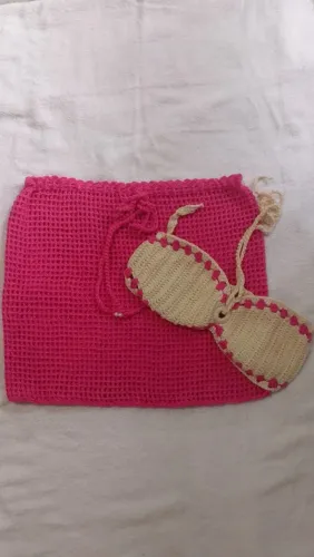 Conjunto de Biquíni Crochê - Rosa e Bege