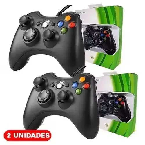 2 Controle Compatível Xbox 360 Pc Windows Notebook C Fio Preto