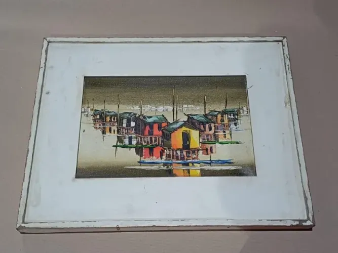 Quadro antigo óleo sobre tela motivo vila aldeia 45x38 