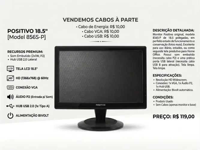 Monitor 18.5" HD Widescreen - Com Som Embutido e Porta USB