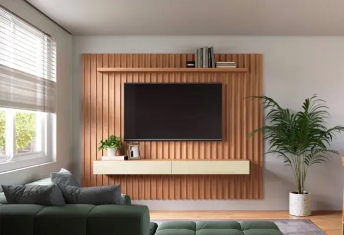 Painel Suspenso Ripado 3D com Gavetas Off White Freijó 65