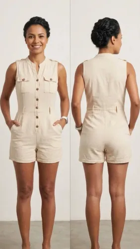 Macacão de algodão curto, feminino na cor bege