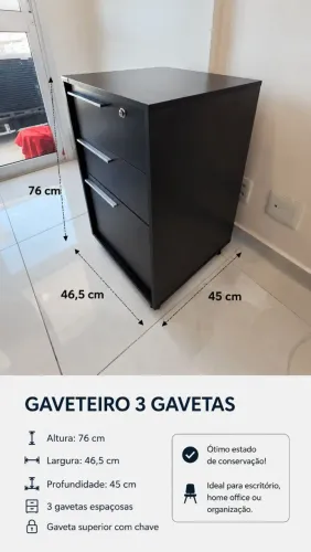 Gaveteiro Preto com 3 Gavetas