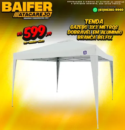 Tenda Gazebo 3x3 Metros Dobrável em Alumínio Branca Belfix