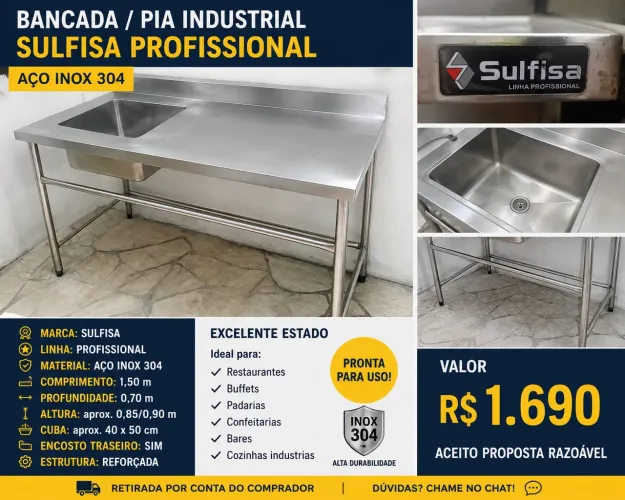 Bancada Pia Industrial Sulfisa Profissional Inox 304 - 1,50 x 0,70 m