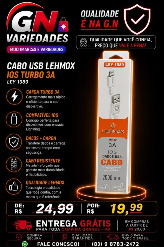 Cabo de carregador para iPhone 2 metros