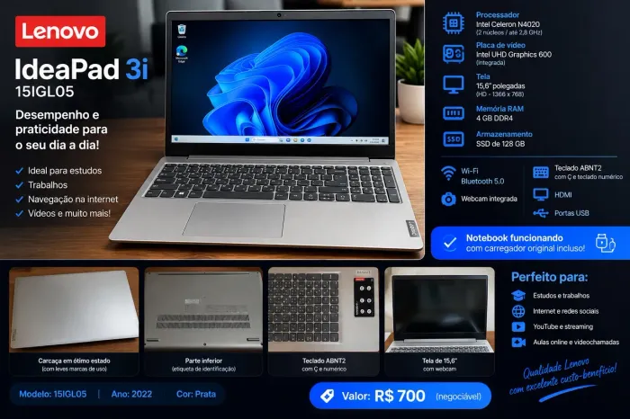 Notebook Lenovo IdeaPad 3i 15, Celeron 4GB RAM SSD 128GB