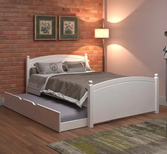Bicama Casal Woodstore Athenas Madeira Com Auxiliar Solteiro Branco Totalita