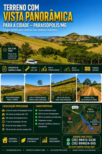 Terreno 1.000 m² à venda em Paraisópolis/MG - 8 minutos do centro