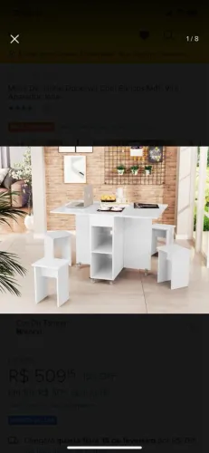 Mesa de Jantar Dobrável/Retrátil com 4 Bancos - MDF Branco