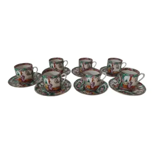 7 Xícaras Antigas Porcelana Chinesa Cena Familiar Flores Rosa