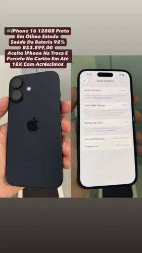 iPhone 16 128GB Preto ( Saúde Da Bateria 92% ) Usado