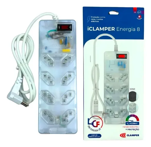 Filtro de Linha iClamper com DPS (proteção contra curtos) 8 tomadas, extensão 1 metro - PC