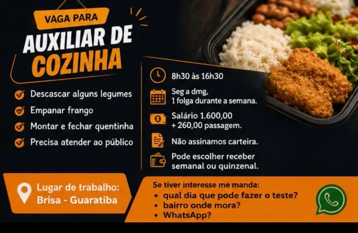 Vaga para auxiliar de cozinha e atendente