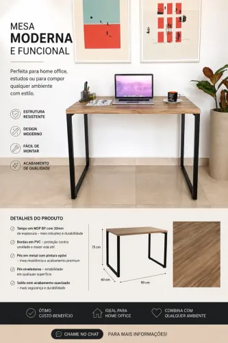 Mesa Moderna Industrial 90x60 com Pés em Metal Preto - Estilo e Funcionalidade