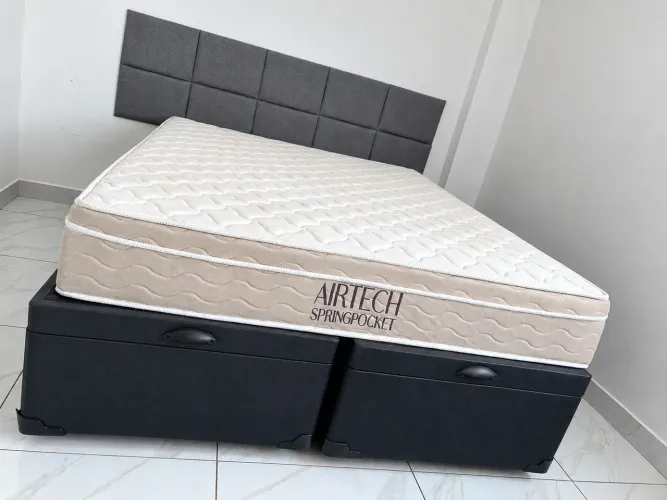 Cama Box Queen com Baú, colchão Ortobom Airtech SpringPocket de molas ensacadas