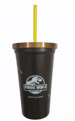 Copo Jurassic World de metal com tampa e canudo Jurassic Park