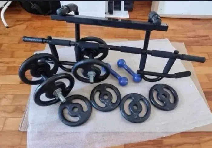 Halteres + anilhas 34kg + barra multiarticulada