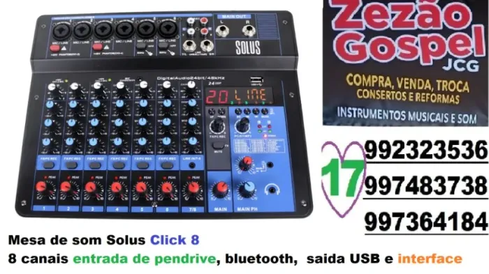 Mesa de som Solus Click 8 8 canais entrada de pendrive, bluetooth, saida USB e interface