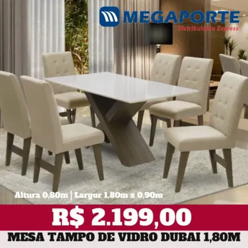 Mesa de Jantar 6 Cadeiras com Tampo de Vidro 1,80m (Novo) Entrega Grátis!