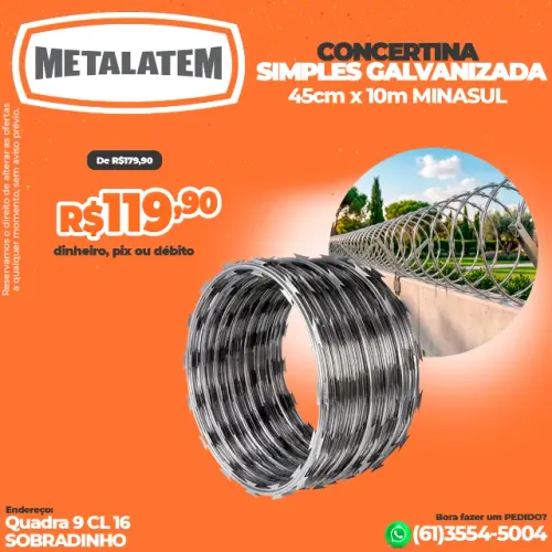 Concertina Simples Galvanizada 45 Cm X 10 Metros Minasul