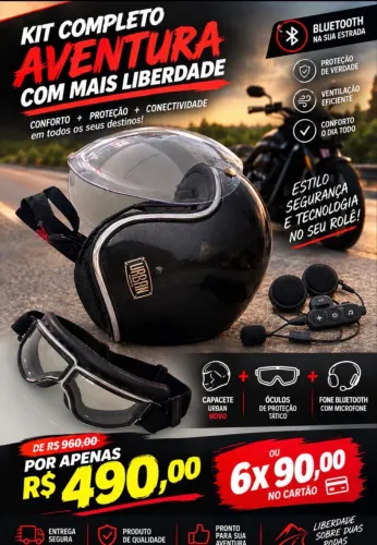 Capacete aberto com óculos e fone Bluetooth