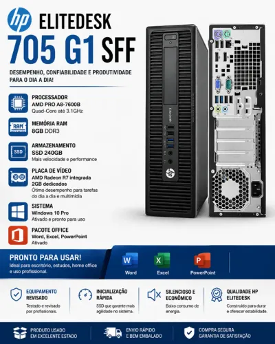 Computador HP EliteDesk 705 G1 SFF - AMD A8-7600B 3.8GHz, 8GB DDR3, SSD 240GB, Windows 10