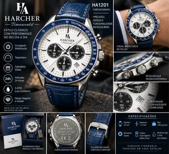 Relógio HARCHER HA1201 Cronógrafo Panda Quartzo Azul - Novo Sem Uso - Estilo Esportivo