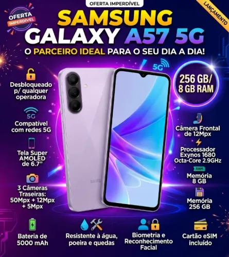 Celular Samsung Galaxy A57 5G 256GB, 8GB RAM, Câmera Tripla de até 50MP
