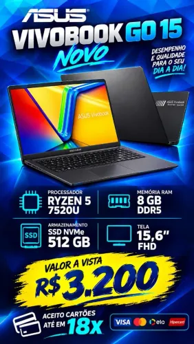 Notebook Asus Ryzen 5 7520U Novo.