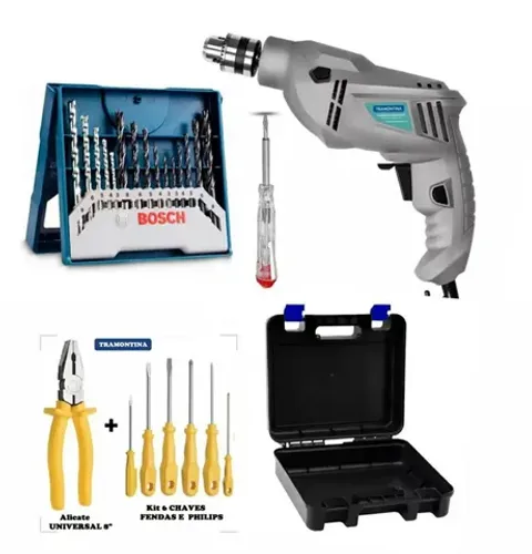  Kit Furadeira Tramontina + Brocas + Chaves de Fenda + Alicate + Maleta