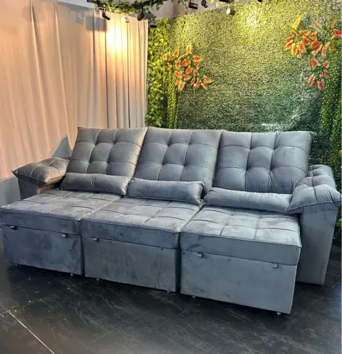 Sofá Infinity Cama Retrátil e Reclinável TM:2.90 Cinza 3 Lugares Espuma D23