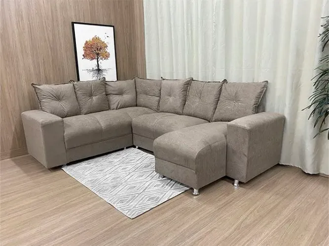 Sofá de Canto 5 Lugares com Chaise Almofadas Soltas Suede Bege