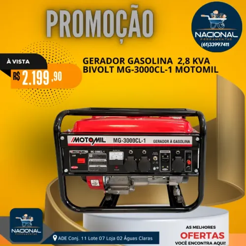 Gerador de Energia a Gasolina Aberto 2,8 Kva Bivolt com AVR MG-3000CL-1 Motomil