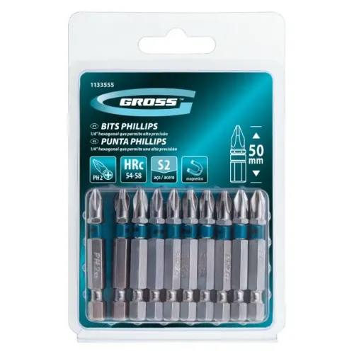 Bits Phillips PH2 Gross 50 mm em Aço Cromo Molibdênio - 10 Peças