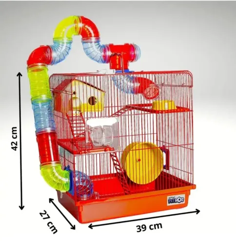Gaiola hamster com casa grande completa 3 andares tubo verm cor vermelho