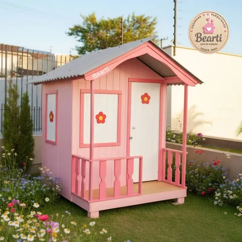 Casinha de boneca em madeira cor de rosa 1,3m x 1,4m x 1,7m | enviamos para todo Brasil