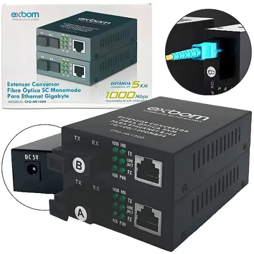 Par Conversor Mídia Fibra Óptica A+b Gigabit 1000 Mbps Rj45 - Exbom