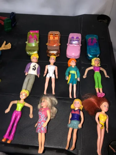 Lote Vintage Polly Pocket Mattel - 8 Mini Bonecas + 4 Carrinhos Conversíveis