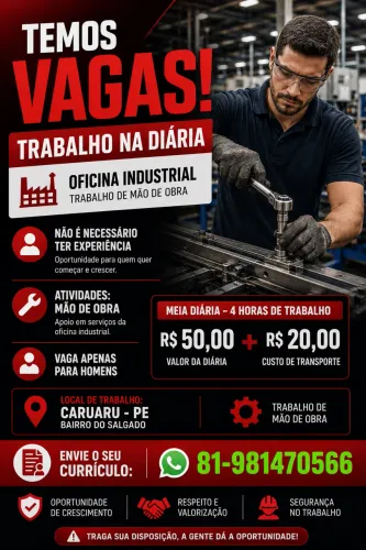 Diária para Mão de Obra Industrial / Oficina (Para Homens)