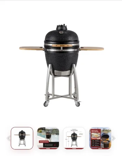 Churrasqueira Kamado Grande Móvel Preta Rasco - Cerâmica com Carrinho e Mesas Laterais