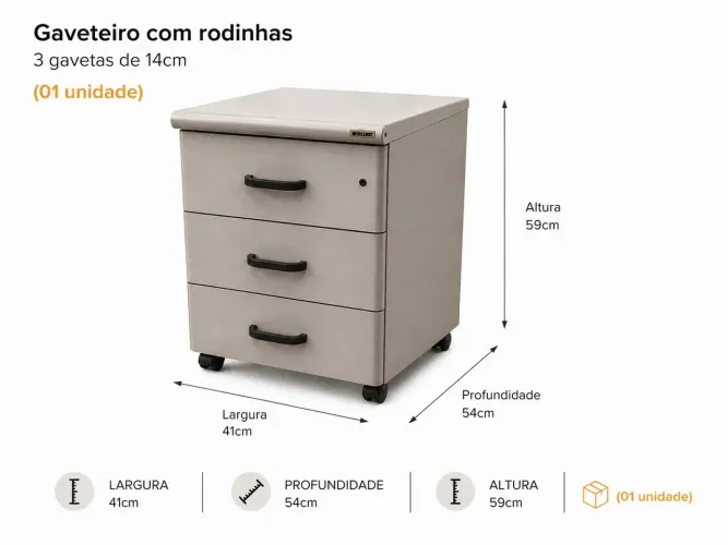 Gaveteiro com Rodinhas 3 Gavetas - Excelente Estado