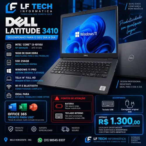 Dell Latitude 3410 i3 10ª Geração | 16GB RAM | SSD 256GB | Windows 11 Pro