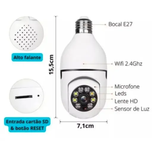 CÂMERA LÂMPADA BOCAL IP WI-FI 360°- visao noturna, com audio e detecção de ivasor em tempo